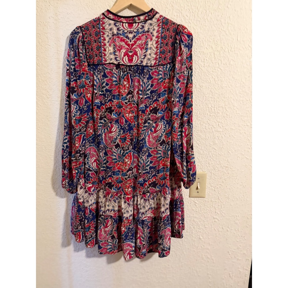 Anthropologie Paisley Floral Tiered Shift Dress‎ Blue Pink Small Mini Boho - Picture 2 of 9